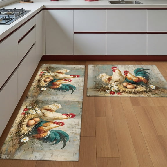 Kitchen Rugs Set of 2 Farmhouse Rooster Hen Non Slip Washable Kitchen Mats for Floor Oil Painting Egg Net Cream Red Green Decorative Runner Rug Set for Kitchen Floor, Laundry Room Bathroom Home Decor