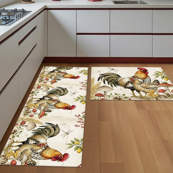 Kitchen Rugs Set of 2 Farmhouse Rooster Hens Non Slip Washable Kitchen Mats for Floor Rustic Mushrooms Dragonfly Decorative Runner Rug Set for Kitchen Floor, Laundry Room Bathroom Home Decor