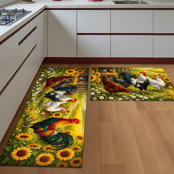 Kitchen Rugs Set of 2 Farmhouse Rooster Hens Non Slip Washable Kitchen Mats for Floor Summer Floral Botanical Bird Decorative Runner Rug Set for Kitchen Floor, Laundry Room Bathroom Home Decor