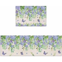 Kitchen Rugs Set of 2 Flower Butterfly Non-Slip Floor Mat Hydrangea Flowers Purple Vintage Floral Runner Rug Doormat Area Carpet Laundry Room Kitchen Decor
