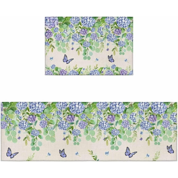 Kitchen Rugs Set of 2 Flower Butterfly Non-Slip Floor Mat Hydrangea Flowers Purple Vintage Floral Runner Rug Doormat Area Carpet Laundry Room Kitchen Decor
