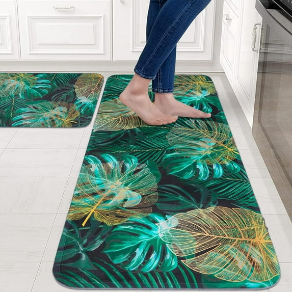 Kitchen Rugs Set of 2, Green Leaf Non-Slip Kitchen Mats, Soft and Absorbent Bath Mats for Floor, Washable Bath Rugs Non Skid for Bedroom, Front Door, Kitchen, Natural Leaf, 18"x 30" +18"x 47"