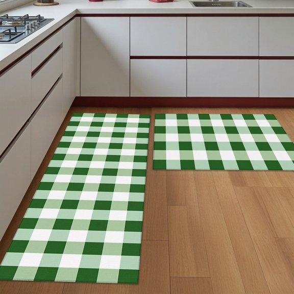 Kitchen Rugs Set of 2 Green Theme Plaid Non Slip Washable Kitchen Mats for Floor Buffalo Check Spring Decorative Runner Rug Set for Kitchen Floor, Laundry Room Bathroom Home Decor