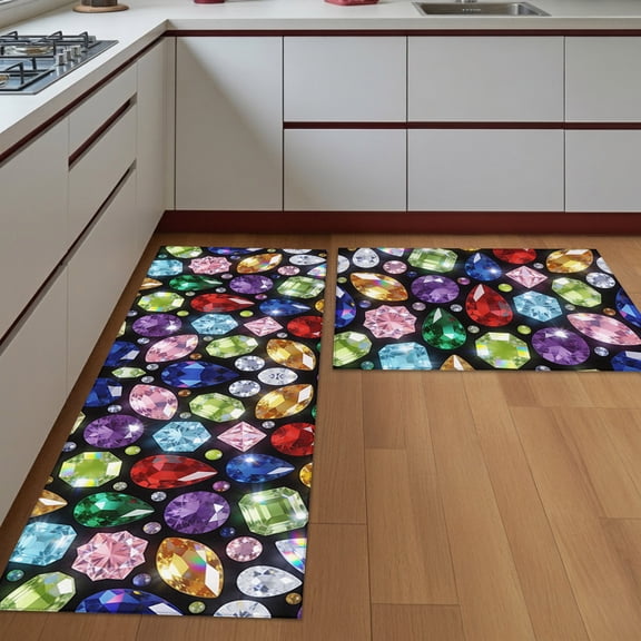 Kitchen Rugs Set of 2 Luxurious Multicolor Jewelry Non Slip Washable Kitchen Mats for Floor Elegance Ruby Jade Sapphire Decorative Runner Rug Set for Kitchen Floor, Laundry Room Bathroom Home Decor