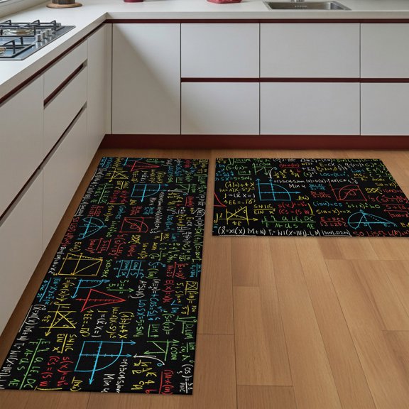 Kitchen Rugs Set of 2 Math Formula Doodle Non Slip Washable Kitchen Mats for Floor Education Number Decorative Runner Rug Set for Kitchen Floor, Laundry Room Bathroom Home Decor