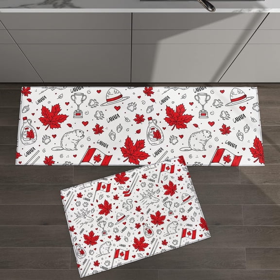 Kitchen Rugs Set of 2 Mats Happy Canada Day Flag Red Maple Leaves Beaver Canada National Day for Floor Cushioned Rugs and Mats Non Skid Absorbant Runner Comfort Standing Mat