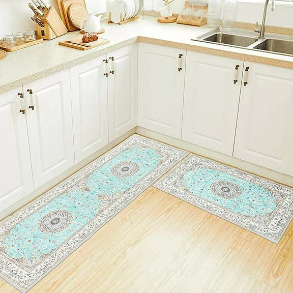 Kitchen Rugs Set of 2 Kitchen Mats Washable Non-Slip Bohemian Kitchen Runner Rug Bathroom Rugs Kitchen Mats and Rugs for Floor, Living Room, Laundry, Bedroom, Sink, Front Door, Entrance, Blue
