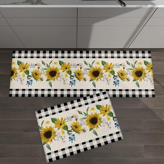 Kitchen Rugs Set of 2 Mats Watercolor Sunflower Flower Black Buffalo Check Plaid Vintage Summer Farm Decor for Floor Cushioned Rugs and Mats Non Skid Absorbant Runner Comfort Standing Mat