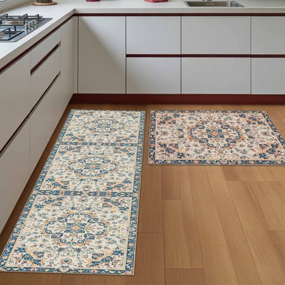 Kitchen Rugs Set of 2 Middle Eastern Floral Non Slip Kitchen Mats Vintage Ethnic Pattern Absorbent Runner Rugs for Kitchen Sink Laundry Room Floor 18x30in+18x48in