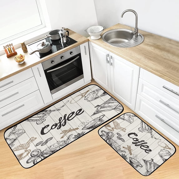 Kitchen Rugs Set 2 Piece Coffee Cups Beans Non Slip Bathroom Floor Mats Anti-Fatigue Washable Carpet Doormat - 27"x19"+47"x19"