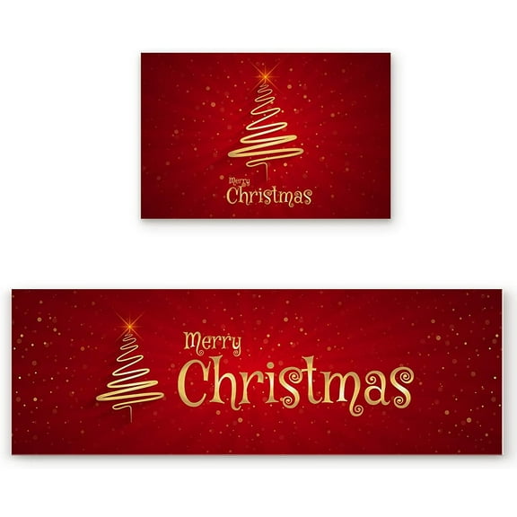 Kitchen Rugs Set 2 Piece, Merry Christmas Tree Decor Kitchen Mats Rugs Non Skid Washable Anti Fatiguee, Red Gold Doormat Carpet for Bedroom/Bathroom/Living Room 15.7x23.6in+15.7x47.2in