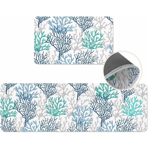 Kitchen Rugs Set 2 Piece, Nautical Ocean Coral Kitchen Mats Rugs Non Skid Washable Anti Fatiguee, Blue Gray Doormat Carpet for Bedroom/Bathroom/Living Room,17x30in+17x47in