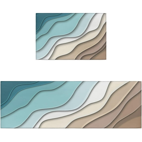 Kitchen Rugs Set 2 Piece, Ombre Stripes Turquoise Brown Kitchen Mats Rugs Non Skid Washable Anti Fatiguee, Abstract Striped Doormat Carpet for Bedroom/Bathroom/Living Room,17x30in+17x47in