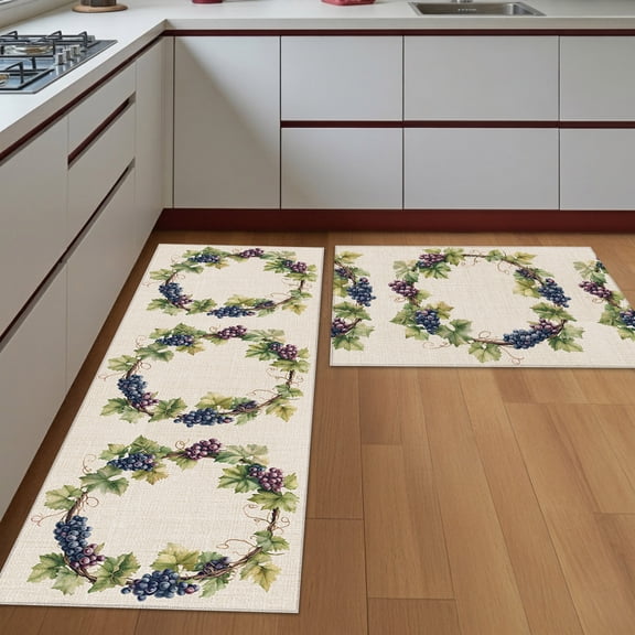 Kitchen Rugs Set of 2 Purple Grapes Non Slip Washable Kitchen Mats for Floor Retro Wreath Decorative Runner Rug Set for Kitchen Floor, Laundry Room Bathroom Home Decor