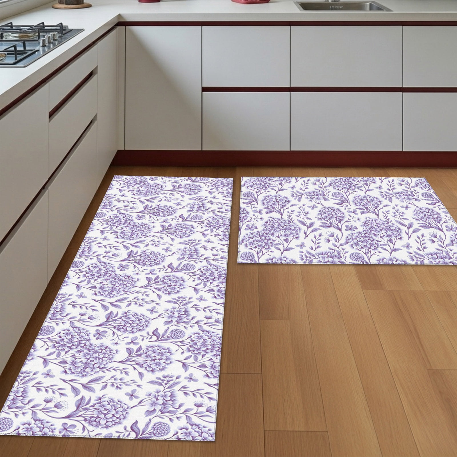 Create Leaf Spring Kitchen Rugs Set of 2 Purple Hydrangea Non Slip Washable Kitchen Mats ...