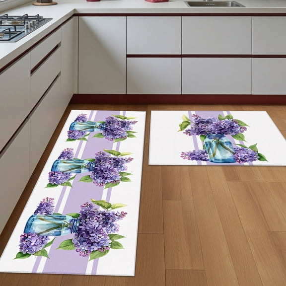 Kitchen Rugs Set of 2 Purple Hydrangeas Non Slip Washable Kitchen Mats for Floor Summer Plant Decorative Runner Rug Set for Kitchen Floor, Laundry Room Bathroom Home Decor