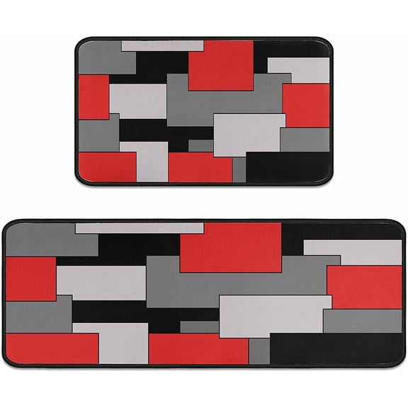 Kitchen Rugs Set of 2- Red, Black, and Grey Modern Geometric Non-Slip Washable Floor Mats - Comfort Sink and Laundry Room Runner - Contemporary Abstract Art Design Decor 17x47.2 and 17x30 inches
