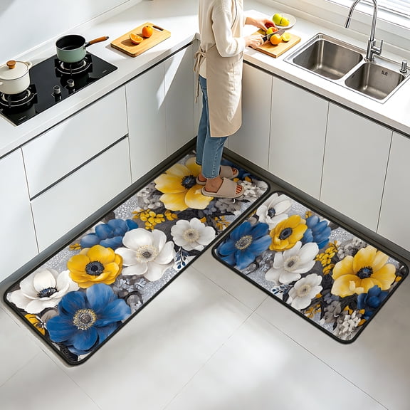 Kitchen Rugs Set of 2, Silicone Base Crystal Velvet Kitchen Mats, Non Slip Waterproof Floor Mats for Kitchen Sink Stove, Home Kitchen Decor, Hallway Entryway Laundry Room, 16.9x27.6+16.9x47.2 Inch