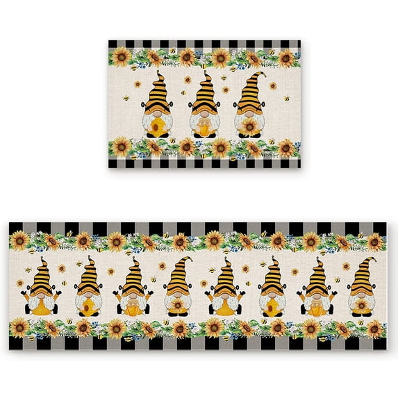 Kitchen Rugs Set of 2 Spring Sunflower Gnome Kitchen Mats Rugs Non Skid Washable Anti Fatiguee Black White Buffalo Plaid Water Absorption Doormat Carpet for Bedroom/Bathroom 19.7x31.5in+19.7x63in