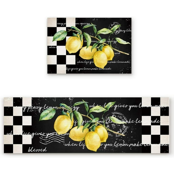 Kitchen Rugs Set of 2,Summer Tropical Lemon Kitchen Mats Rugs Non Skid Washable Anti Fatiguee,Buffalo Plaid Black White Doormat Carpet for Bedroom/Bathroom/Living Room,17x30in+17x47in