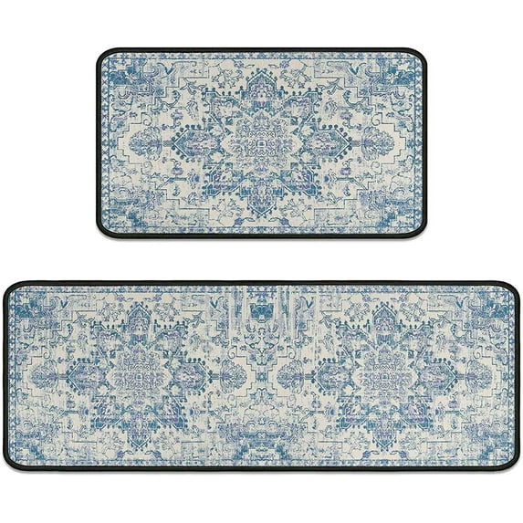 Kitchen Rugs Set of 2- Vintage Country Blue Boho Non-Slip Washable Floor Mats - Comfort Sink and Laundry Room Runner - Boho Kitchen Accessories and Decor 17x47.2 and 17x30 inches