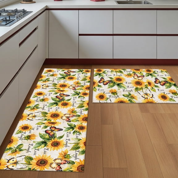 Kitchen Rugs Set of 2 Vintage Sunflower Non Slip Washable Kitchen Mats for Floor Inspirational Quotes Live Love Laugh Decorative Runner Rug Set for Kitchen Floor, Laundry Room Bathroom Home Decor