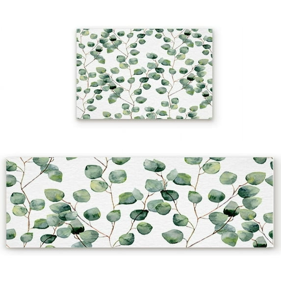 Kitchen Rugs Set of 2 Watercolor Vines Kitchen Mats Rugs Non Skid Washable Anti Fatiguee Repeating Delicate Doormat Carpet for Bedroom Bathroom Living Room 15.7x23.6in+15.7x47.2in