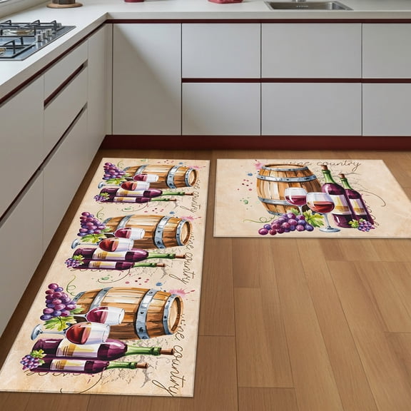Kitchen Rugs Set of 2 Wine Cask Non Slip Washable Kitchen Mats for Floor Retro Farmhouse Grape Decorative Runner Rug Set for Kitchen Floor, Laundry Room Bathroom Home Decor