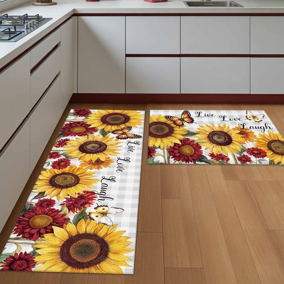 Kitchen Rugs Set of 2 Yellow Red Sunflower Butterfly Non Slip Kitchen Mats Floral Gray Plaid Absorbent Runner Rugs for Kitchen Sink Laundry Room Floor 18x30in+18x48in