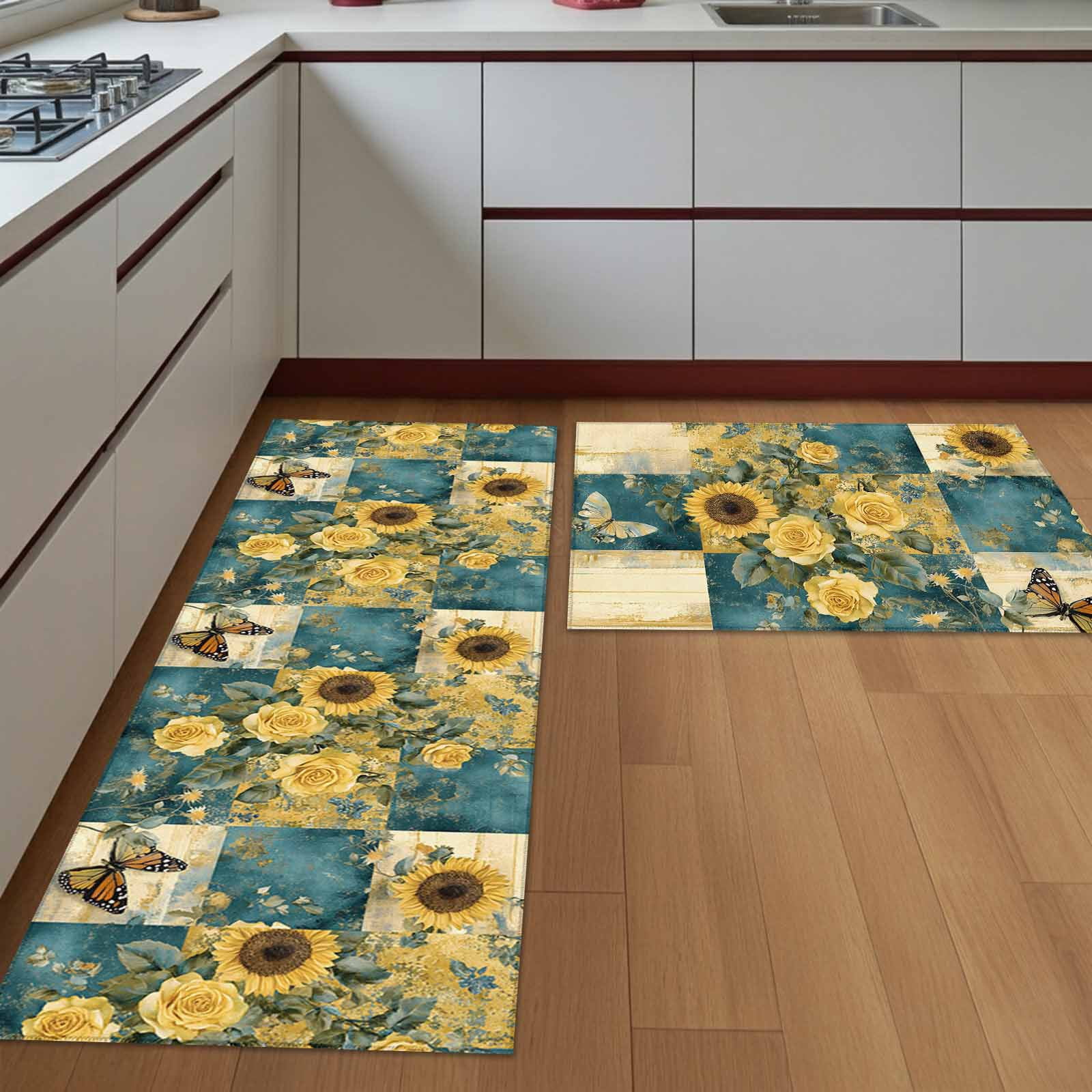 Teal Rug Kitchen Kitchen Rugs Set of 2 Yellow Rose Sunflower Non Slip Washable Kitchen ...