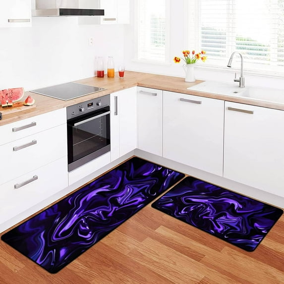 Kitchen Rugs Set Marble Blue Ultra Violet Black Abstract Neon Purple Wave Gradient Kitchen Mat for Floor Non-Slip Washable Kitchen Runner Doormat Bath Rug Carpet Comfort Standing Mats Decorations