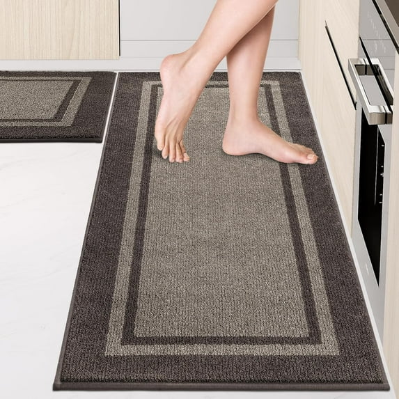 Kitchen Rugs Set, Non-Slip Machine Washable Kitchen Runner Rugs Floor Mats, Absorbent Comfort Standing Mat for Kitchen, Sink and Hallway, Rolled Packaging, Grayish Brown & Coffee