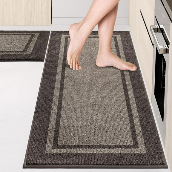 Kitchen Rugs Set, Non-Slip Machine Washable Kitchen Runner Rugs Floor Mats, Absorbent Comfort Standing Mat for Kitchen, Sink and Hallway, Rolled Packaging, Grayish Brown & Coffee