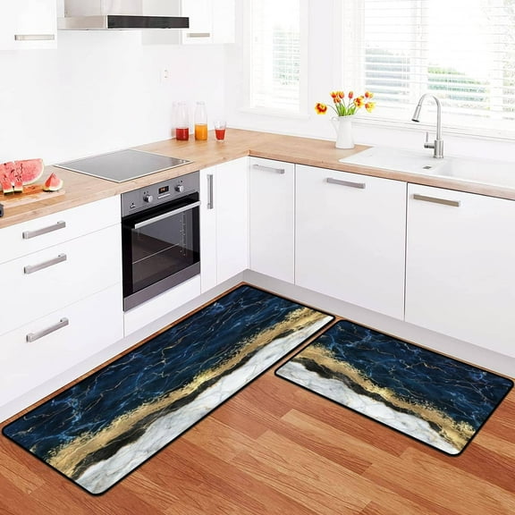 Kitchen Rugs Set abstract white blue marble with golden veins fake stone texture liquid Kitchen Mat for Floor Non-Slip Washable Kitchen Runner Doormat Bath Rug Carpet Comfort Standing Mats Decorations