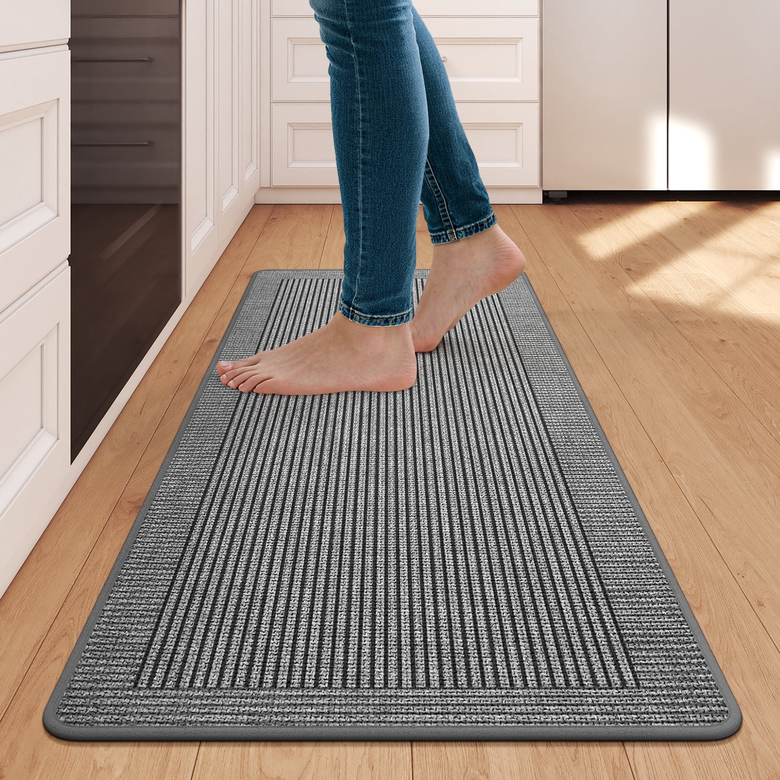 QiCaiJia Kitchen Rugs, 17''x47'' Gray Kitchen Mats for Floor, Washable Non Slip Absorbent Kitchen Mat, Braided Kitchen Runner Rug, Kitchen Sink Rug