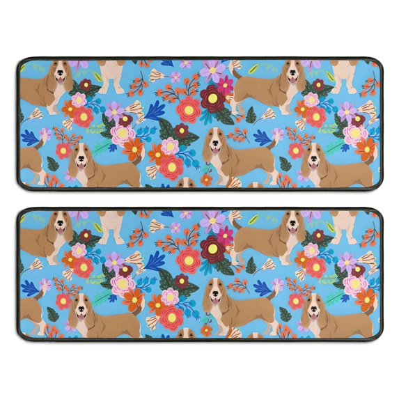 Kitchen Rugs Sets Of 2,Basset Hound Dog and Flower Anti Fatigue Kitchen Mat Rugs Non Slip Washable,Decorative Kitchen Floor Mats for Kitchen,Sink,Laundry,17"x47"+17"x47"
