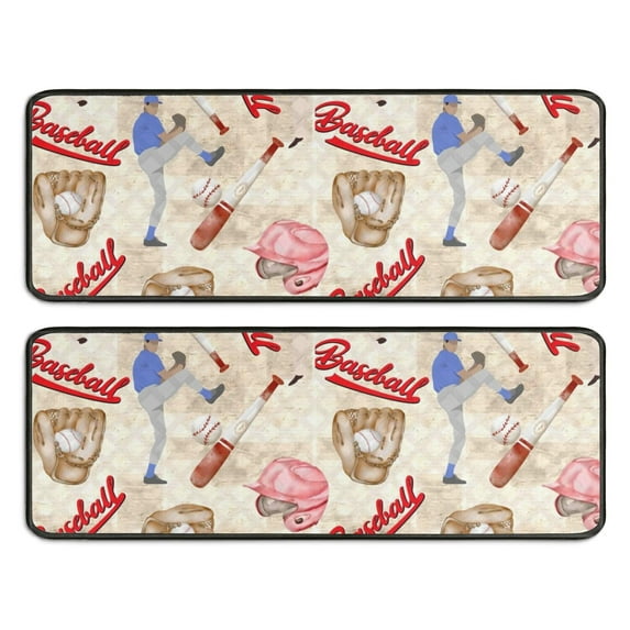 Kitchen Rugs Sets Of 2,Beige Baseball Elements Pattern Anti Fatigue Kitchen Mat Rugs Non Slip Washable,Decorative Kitchen Floor Mats for Kitchen,Sink,Laundry,17"x47"+17"x47"