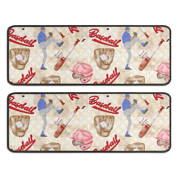 Kitchen Rugs Sets Of 2,Beige Baseball Elements Pattern Anti Fatigue Kitchen Mat Rugs Non Slip Washable,Decorative Kitchen Floor Mats for Kitchen,Sink,Laundry,17"x47"+17"x47"