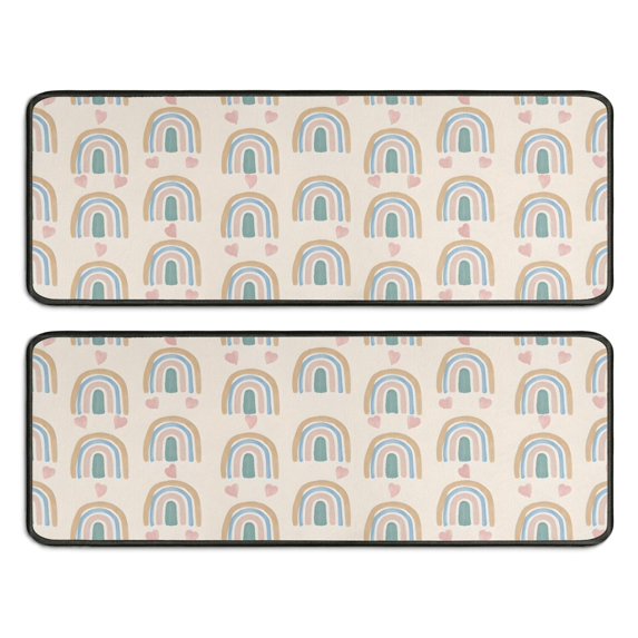 Kitchen Rugs Sets Of 2,Beige Boho Bohemia Rainbows Hearts Pattern Anti Fatigue Kitchen Mat Rugs Non Slip Washable,Decorative Kitchen Floor Mats for Kitchen,Sink,Laundry,17"x47"+17"x47"