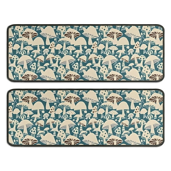 Kitchen Rugs Sets Of 2,Beige Brown Mushroom Blue Pattern Anti Fatigue Kitchen Mat Rugs Non Slip Washable,Decorative Kitchen Floor Mats for Kitchen,Sink,Laundry,17"x47"+17"x47"