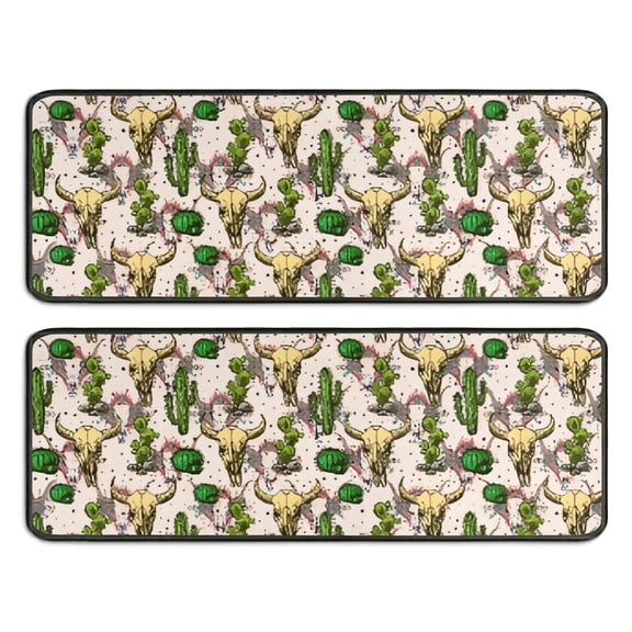 Kitchen Rugs Sets Of 2,Beige Buffalo Skull Cactus Pattern Anti Fatigue Kitchen Mat Rugs Non Slip Washable,Decorative Kitchen Floor Mats for Kitchen,Sink,Laundry,17"x47"+17"x47"