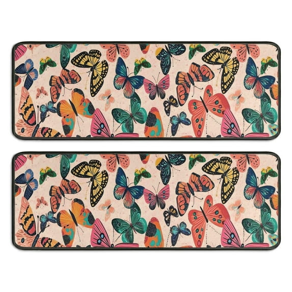 Kitchen Rugs Sets Of 2,Beige Butterfly Colorful Pattern Anti Fatigue Kitchen Mat Rugs Non Slip Washable,Decorative Kitchen Floor Mats for Kitchen,Sink,Laundry,17"x47"+17"x47"