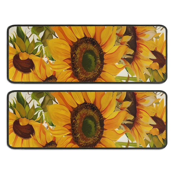 Kitchen Rugs Sets Of 2,Beige Calligraphy Sunflower Pattern Anti Fatigue Kitchen Mat Rugs Non Slip Washable,Decorative Kitchen Floor Mats for Kitchen,Sink,Laundry,17"x47"+17"x47"