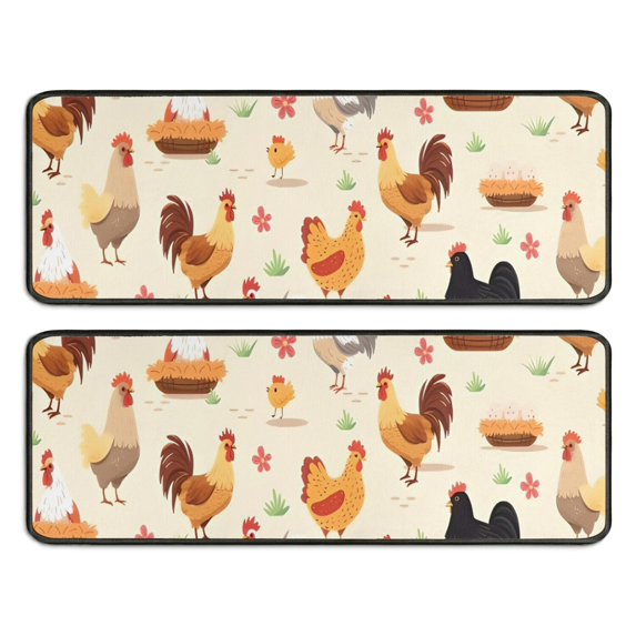Kitchen Rugs Sets Of 2,Beige Chicken Cartoon Pattern Anti Fatigue Kitchen Mat Rugs Non Slip Washable,Decorative Kitchen Floor Mats for Kitchen,Sink,Laundry,17"x47"+17"x47"