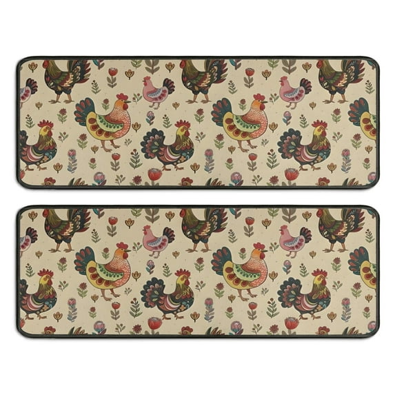 Kitchen Rugs Sets Of 2,Beige Chicken Folk Pattern Anti Fatigue Kitchen Mat Rugs Non Slip Washable,Decorative Kitchen Floor Mats for Kitchen,Sink,Laundry,17"x47"+17"x47"