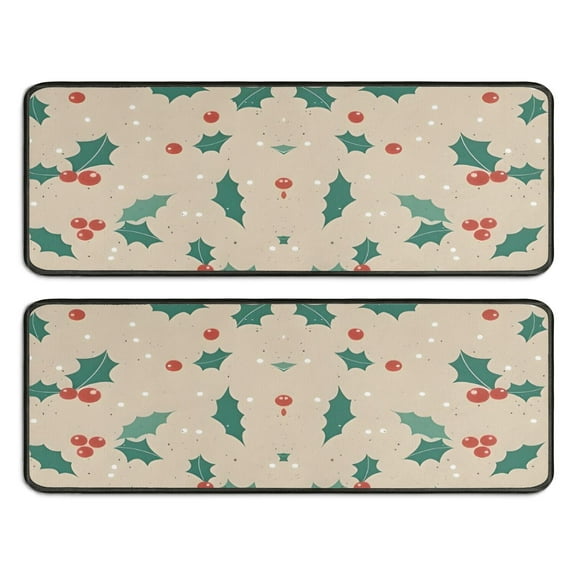 Kitchen Rugs Sets Of 2,Beige Christmas Holly Pattern Anti Fatigue Kitchen Mat Rugs Non Slip Washable,Decorative Kitchen Floor Mats for Kitchen,Sink,Laundry,17"x47"+17"x47"