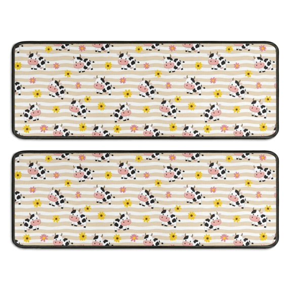 Kitchen Rugs Sets Of 2,Beige Cow Flower Pattern Anti Fatigue Kitchen Mat Rugs Non Slip Washable,Decorative Kitchen Floor Mats for Kitchen,Sink,Laundry,17"x47"+17"x47"