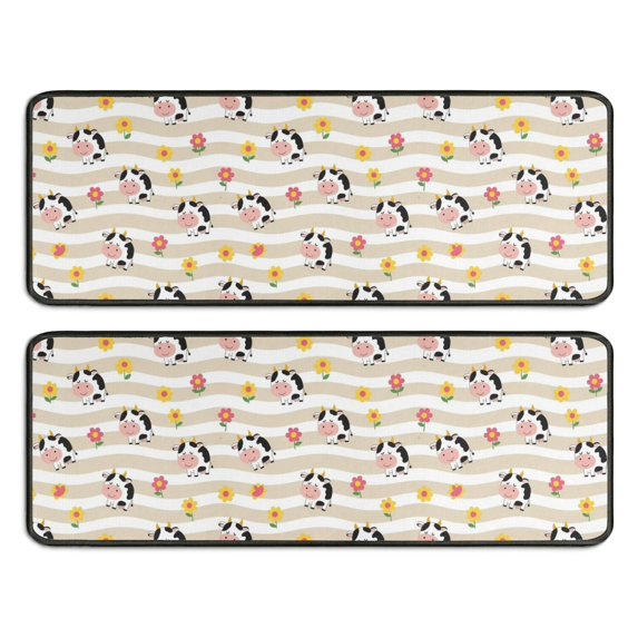 Kitchen Rugs Sets Of 2,Beige Cow Flower Pattern Anti Fatigue Kitchen Mat Rugs Non Slip Washable,Decorative Kitchen Floor Mats for Kitchen,Sink,Laundry,17"x47"+17"x47"