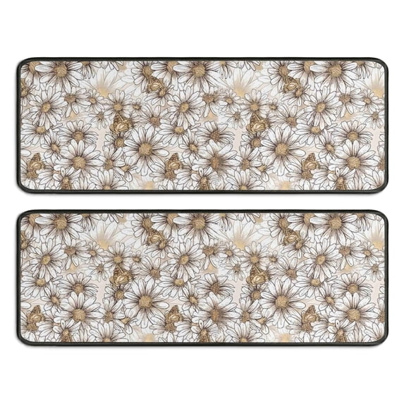 Kitchen Rugs Sets Of 2,Beige Daisy Pattern Anti Fatigue Kitchen Mat Rugs Non Slip Washable,Decorative Kitchen Floor Mats for Kitchen,Sink,Laundry,17"x47"+17"x47"