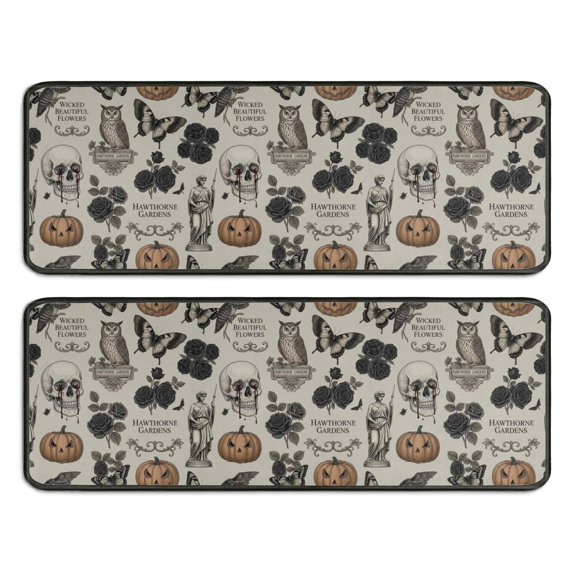 Kitchen Rugs Sets Of 2,Beige Gothic Skull Pumpkin Rose Pattern Anti Fatigue Kitchen Mat Rugs Non Slip Washable,Decorative Kitchen Floor Mats for Kitchen,Sink,Laundry,17"x47"+17"x47"